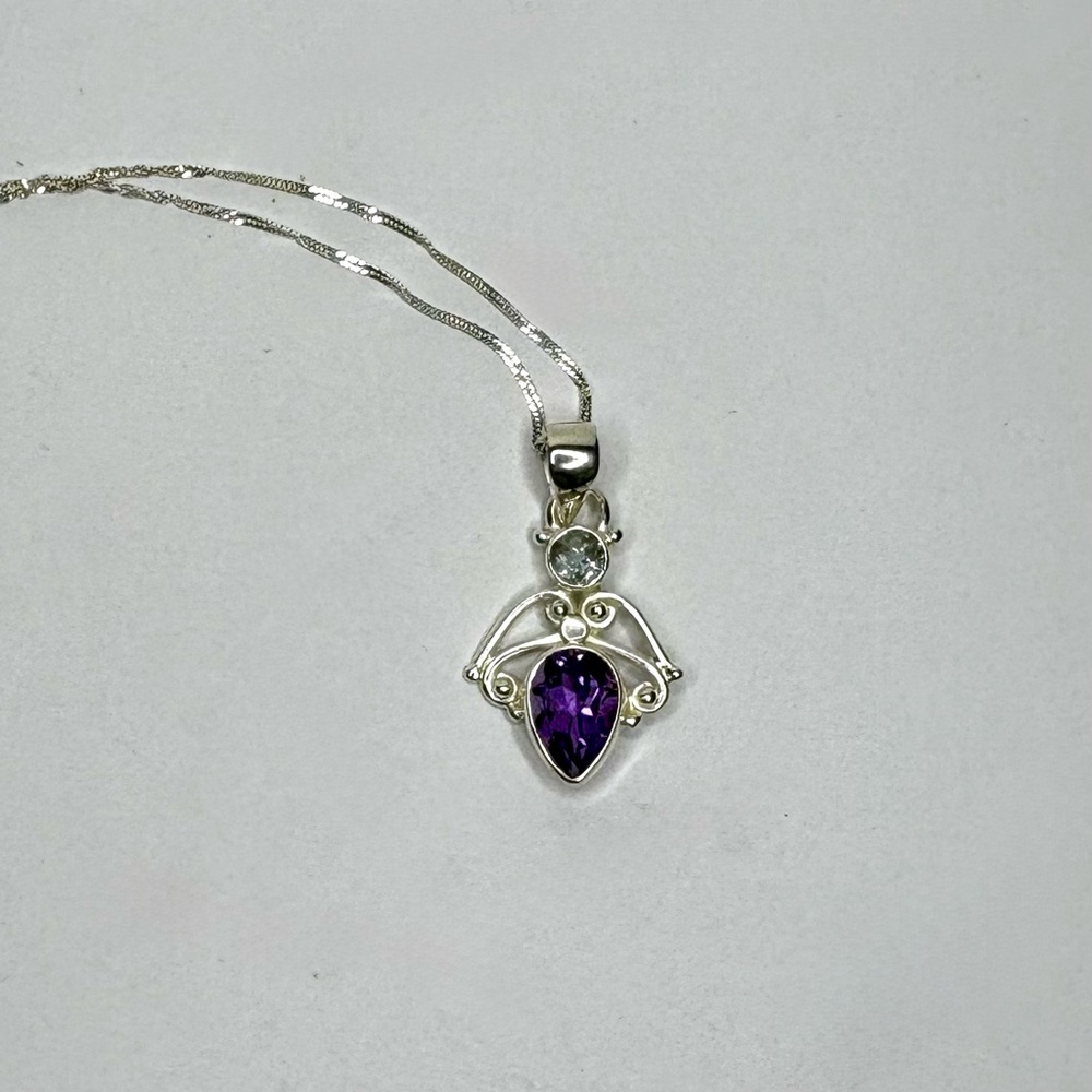 Amethyst & Blue Topaz Natural Gemstone Sterling Silver Angel Pendant 18” Chain